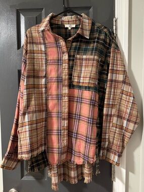 Women’s Plaid Button-Up Shirt - Pink & Green Patchwork